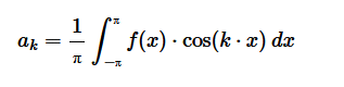 $$ a_k = \frac{1}{&pi;} \int_{-&pi;}^&pi; f(x) \cos (k x) \: dx $$