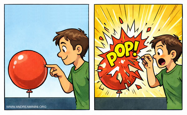 comparaison visuelle entre une faible pression exerc&eacute;e sur un ballon avec un doigt et une forte pression exerc&eacute;e avec une &eacute;pingle