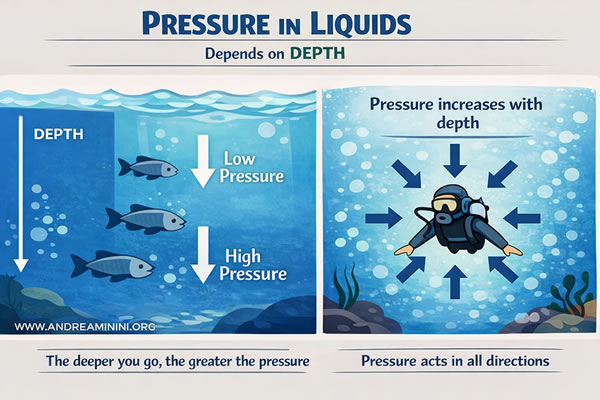 Pression hydrostatique : elle cro&icirc;t avec la profondeur et s'exerce dans toutes les directions au sein du liquide