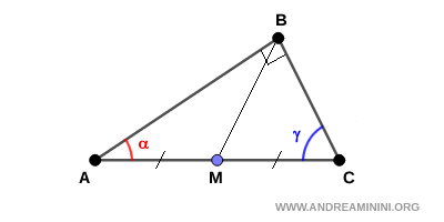 triángulo rectángulo mostrando la mediana hacia la hipotenusa