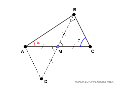 construcción del triángulo ABD al prolongar la mediana