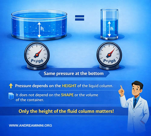 recipientes con formas diferentes pero igual altura de l&iacute;quido y misma presi&oacute;n en el fondo